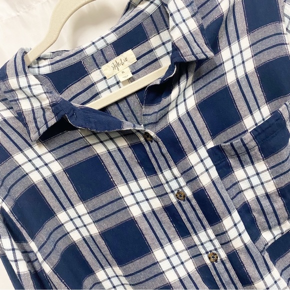 Style & Co Navy & White With Silver Sparkle Plaid Button Down Shirt - Picture 3 of 9